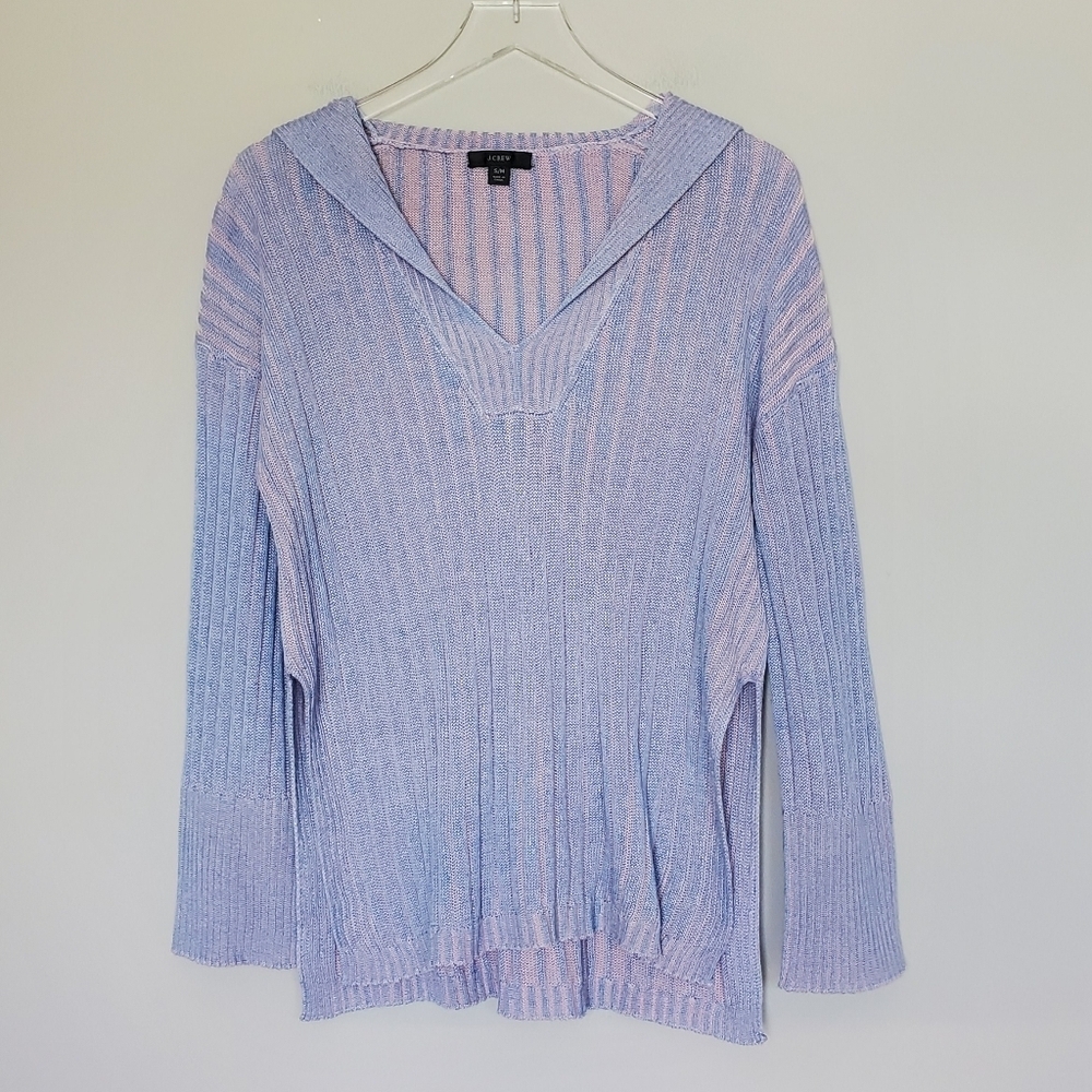 J. Crew Ribbed V-Neck Relaxed Linen Cotton Collared Pull-Over Blue Sweater S/M
